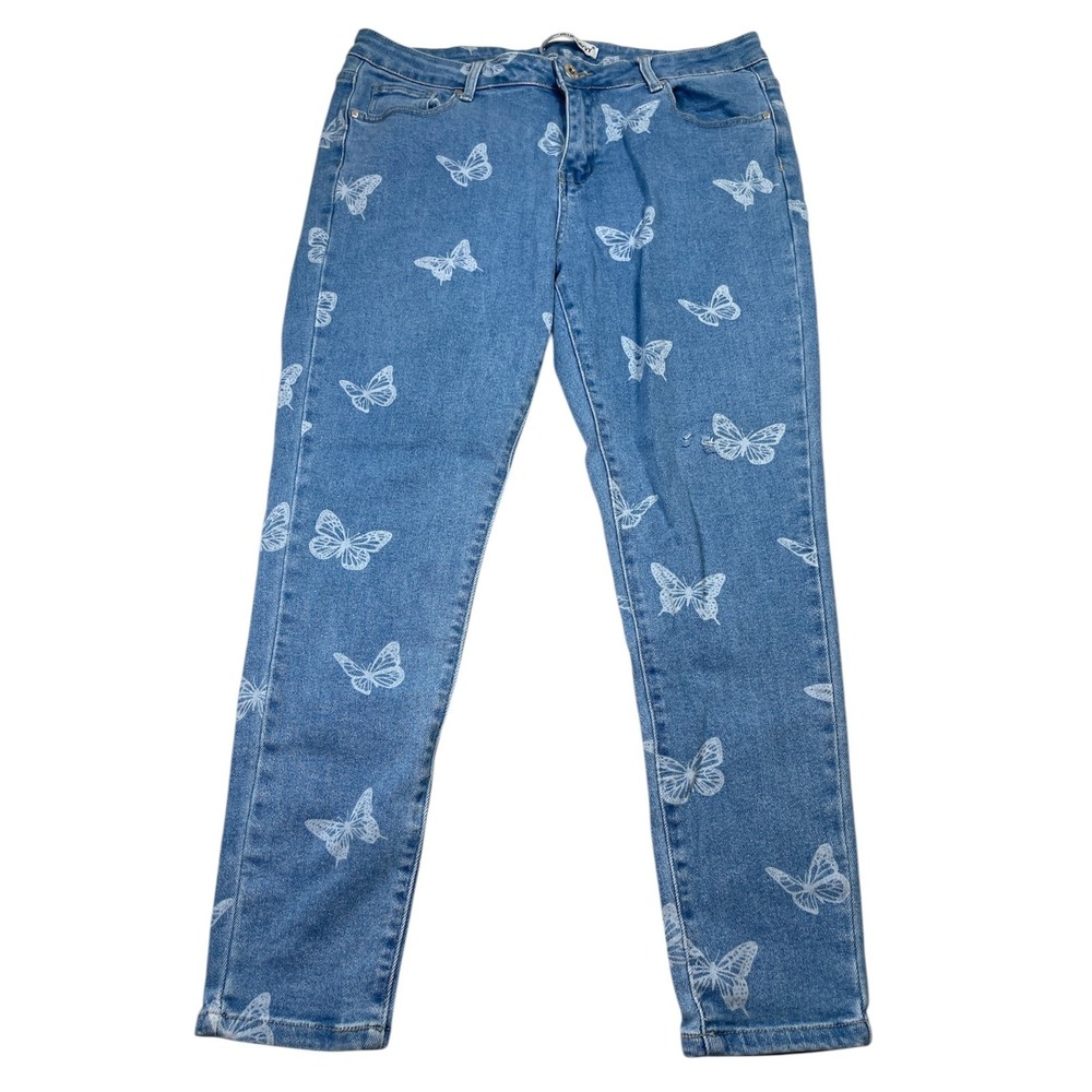 Blue Savvy Mom‎ Jeans Women 16 Blue Butterfly Print Denim Cotton Pockets Hi-Rise